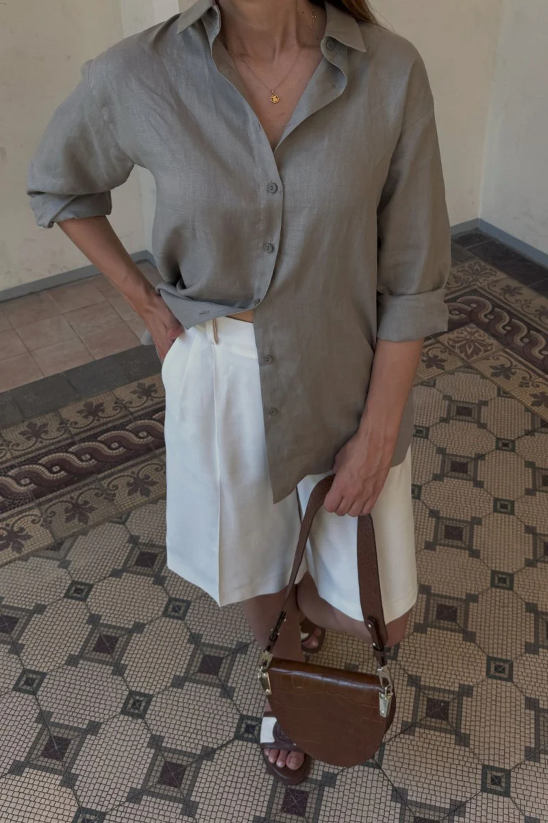 Lniana luźna koszula taupe - Image 4