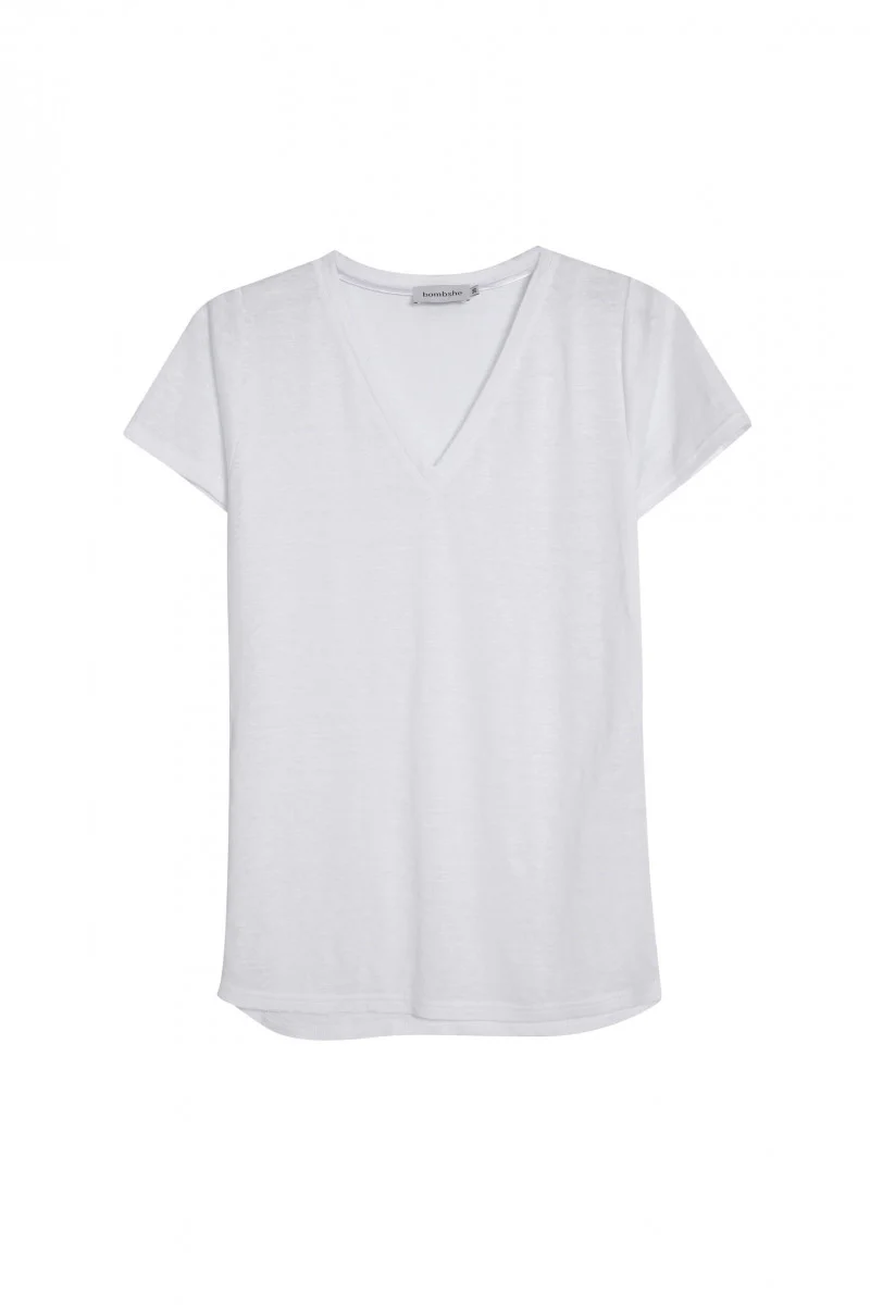 Lniany t-shirt z dekoltem v biały - Image 6