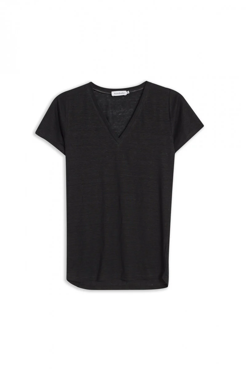 Lniany t-shirt z dekoltem v czarny - Image 4