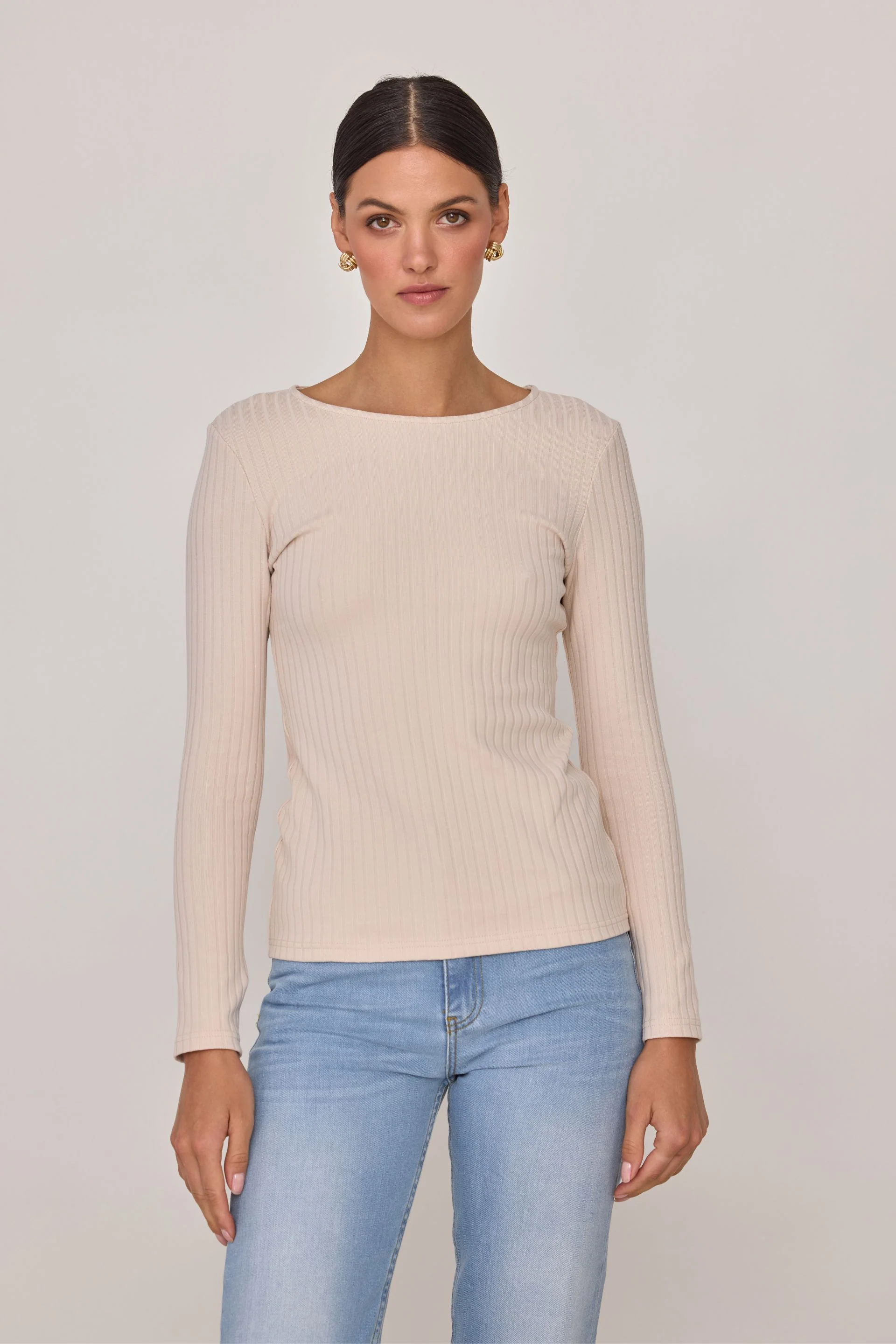 Longsleeve w szerszy prążek beżowy