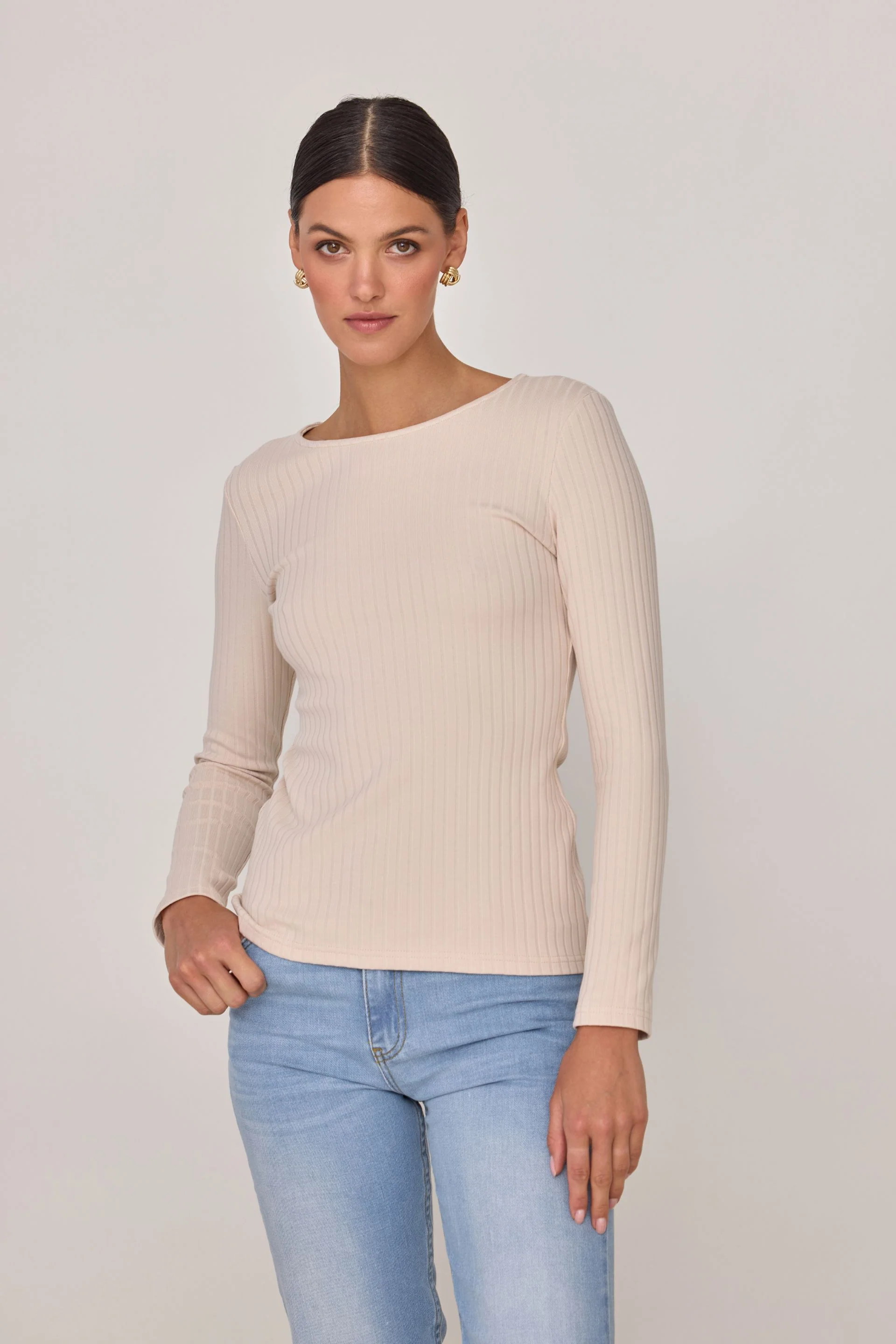 Longsleeve w szerszy prążek beżowy - Image 2