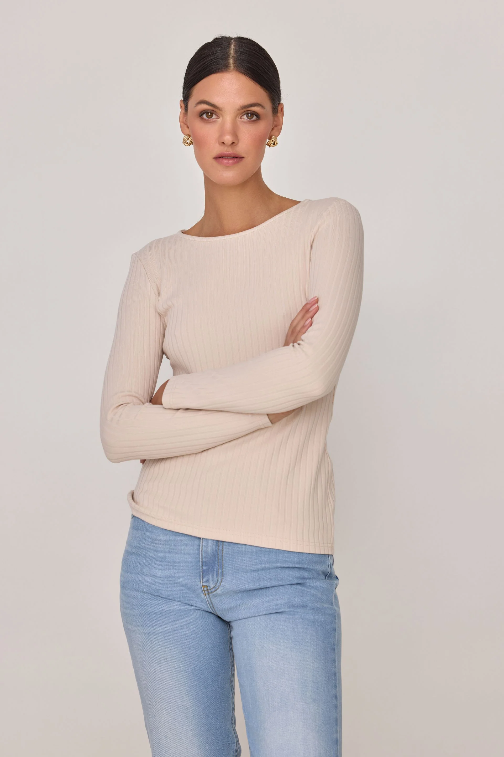 Longsleeve w szerszy prążek beżowy - Image 3