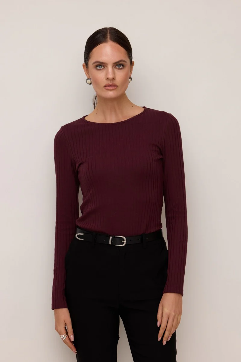 Longsleeve w szerszy prążek wiśniowy