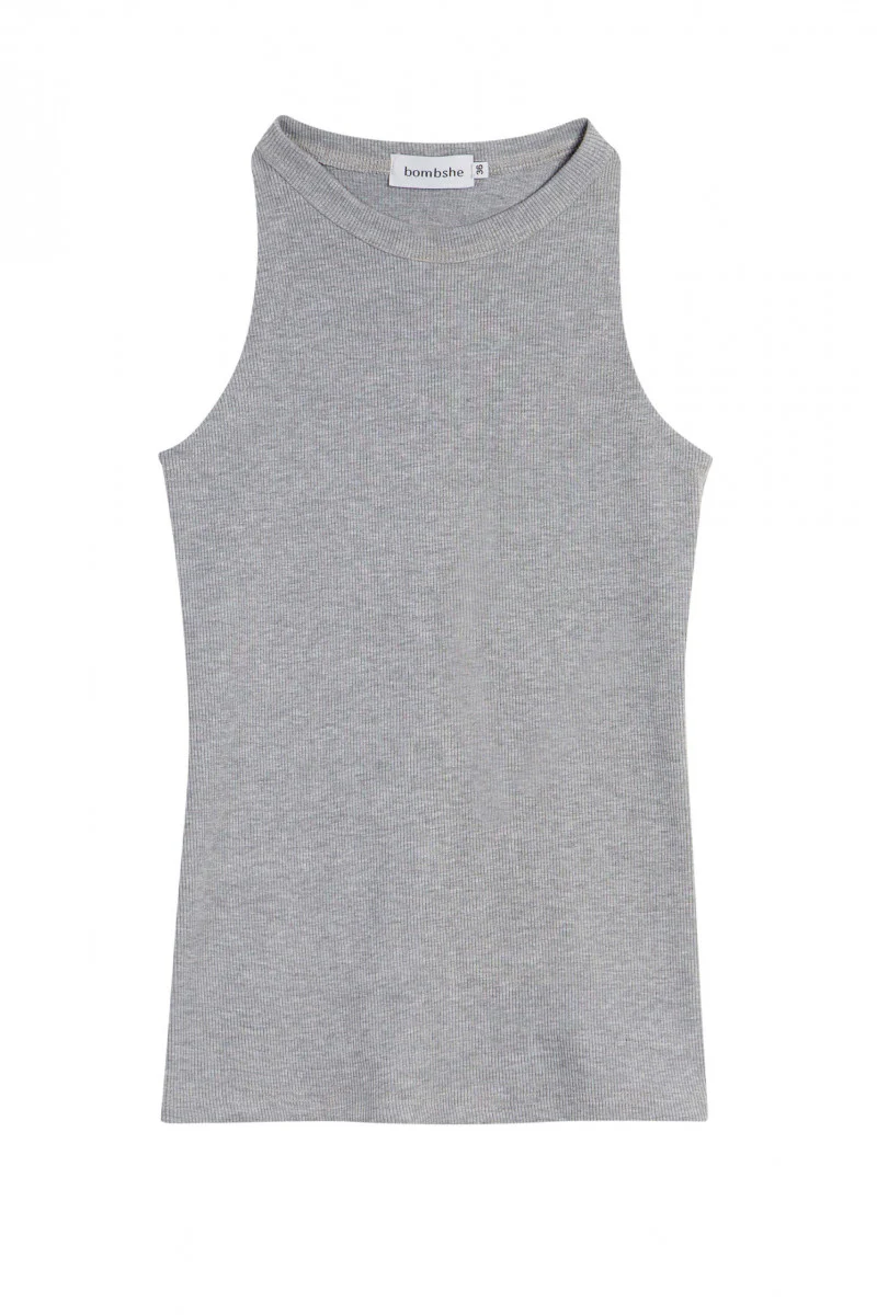 Prążkowany top z dekoltem halter melanż szary - Image 5