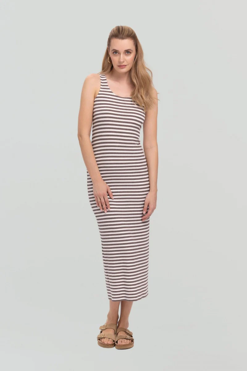 Sukienka maxi w paski śmietankowo- beżowa - Image 5