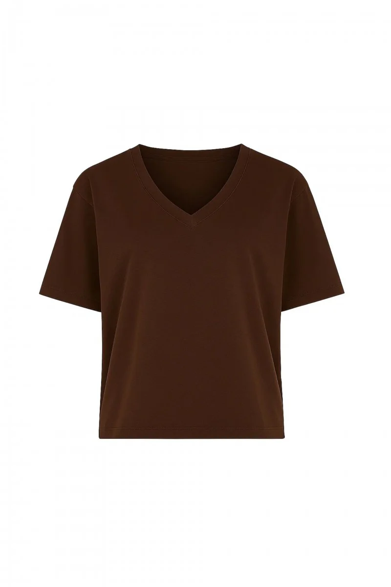 T-shirt o kroju pudełkowym z dekoltem typu v czekoladowy - Image 5