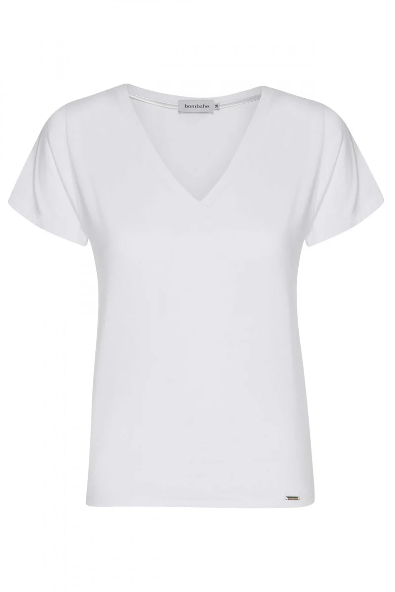 T-shirt z dekoltem v z bawełny supima biały - Image 4