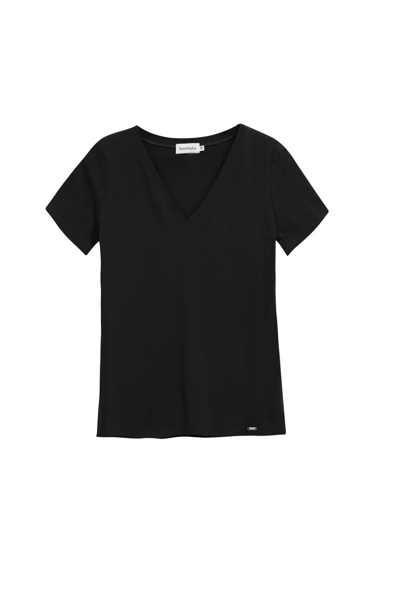T-shirt z dekoltem v z bawełny supima czarny - Image 4